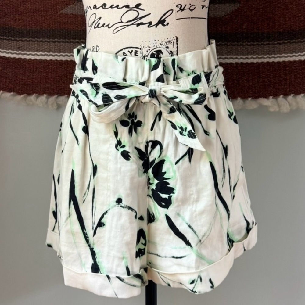 Tanya Taylor Linen Blend Belted Floral Shorts